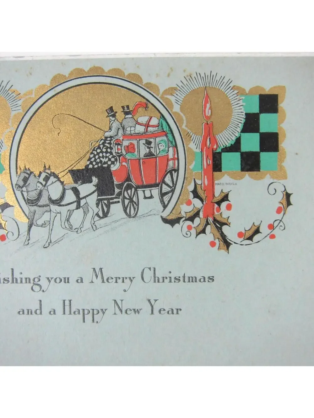Antique Christmas Card Art Deco Carriage Horses Red Candles Holly Berries Gold